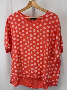 FENINI Linen Polka Dot Print Short Sleeve Boxy Top Artsy Lagenlook Coral USA XL